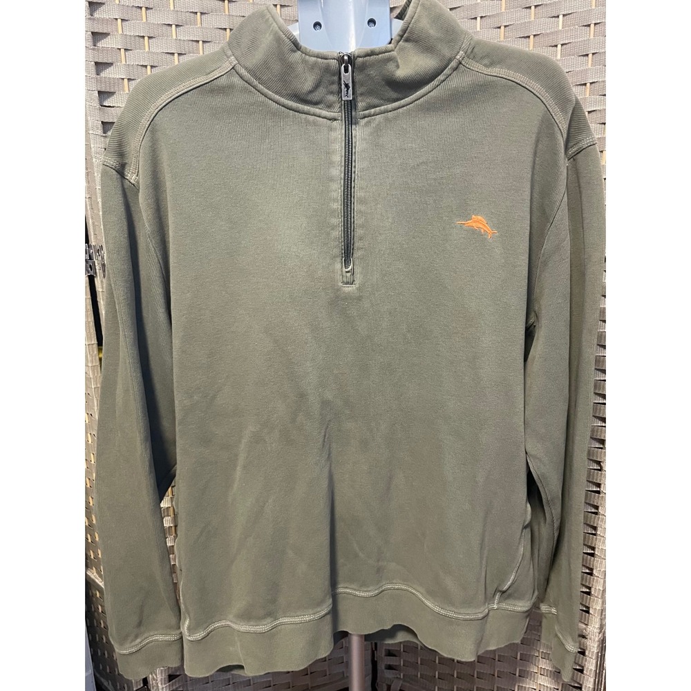 Tommy Bahama Mens XXL Olive Green 1/4 Zip Cotton Pullover Sweatshirt Marlin Logo